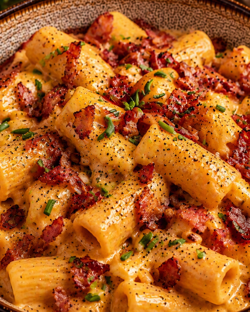 Rigatoni et sa sauce cheddar - pancetta grillée