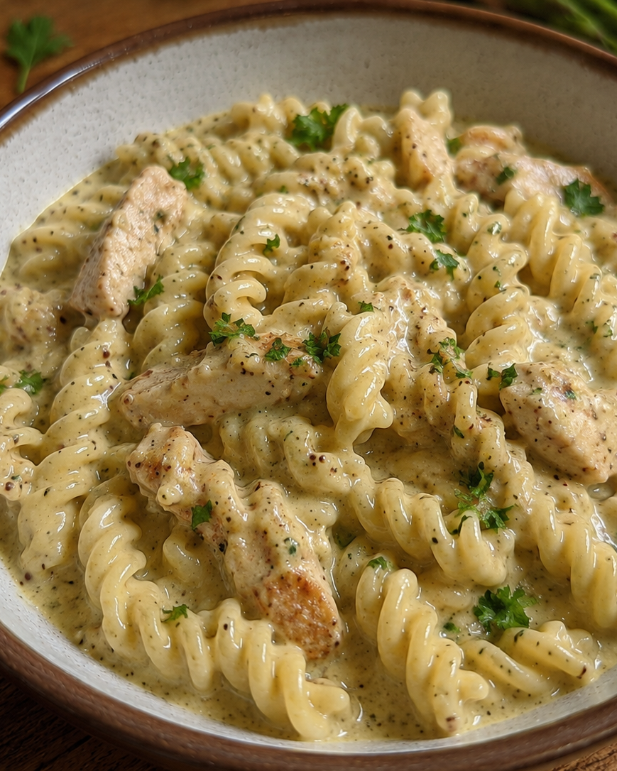 Fusilli sauce poulet à la moutarde
