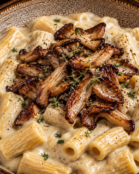 Rigatoni à la crème de chou-fleur et champignons grillés