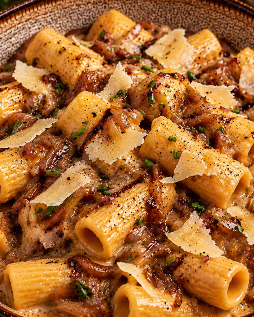 Rigatoni, compotée d'oignons, et réduction de balsamique