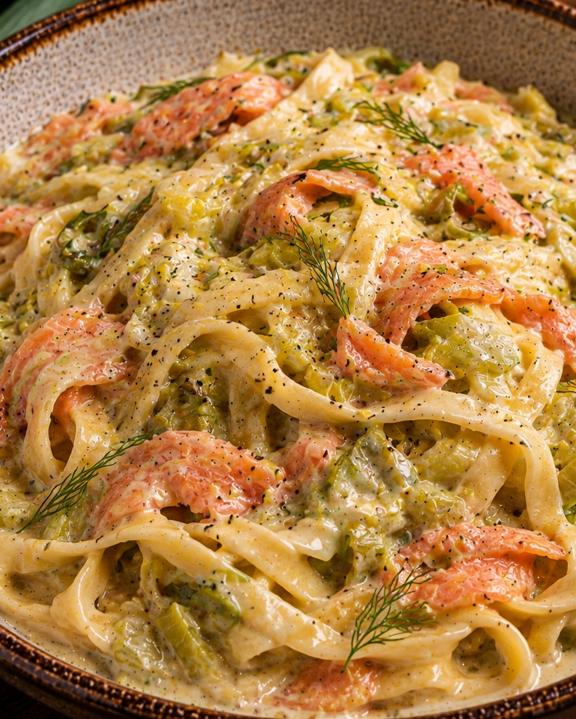 Tagliatelles et sa fondue de poireaux au saumon